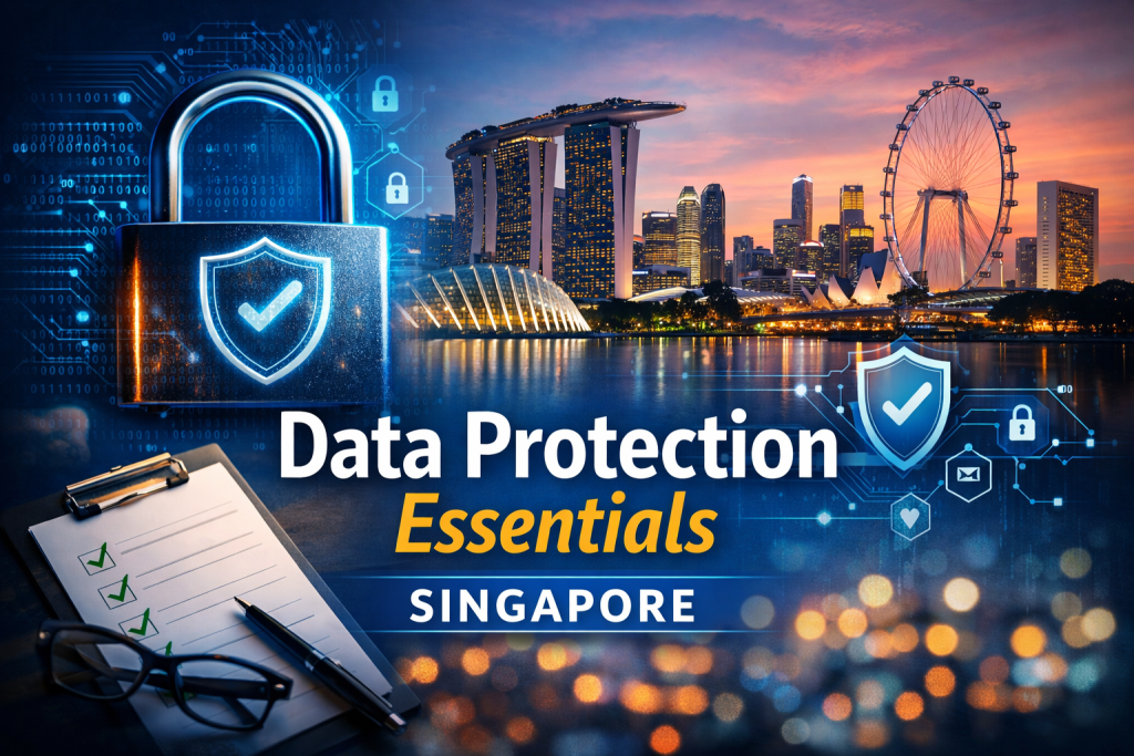 Data Protection Essentials Singapore certification concept with cybersecurity padlock and Singapore skyline