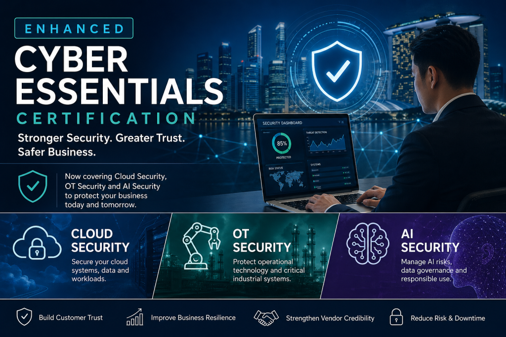 Enhanced Cyber Essentials Certification illustration featuring cloud security, OT security, AI security, and business cybersecurity protection.
